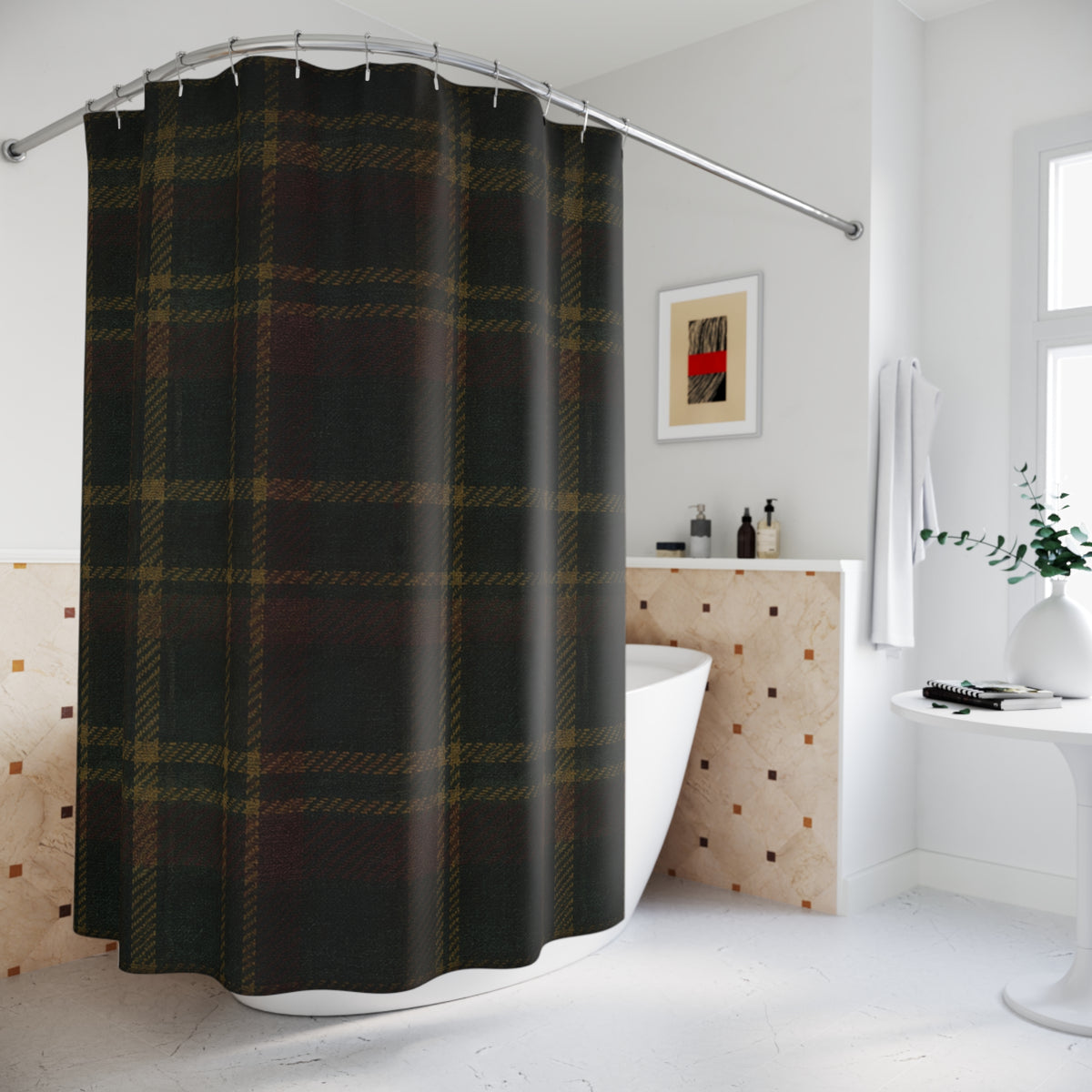 Briarwood Tartan Shower Curtain — Heritage Plaid in Forest Green & Russet