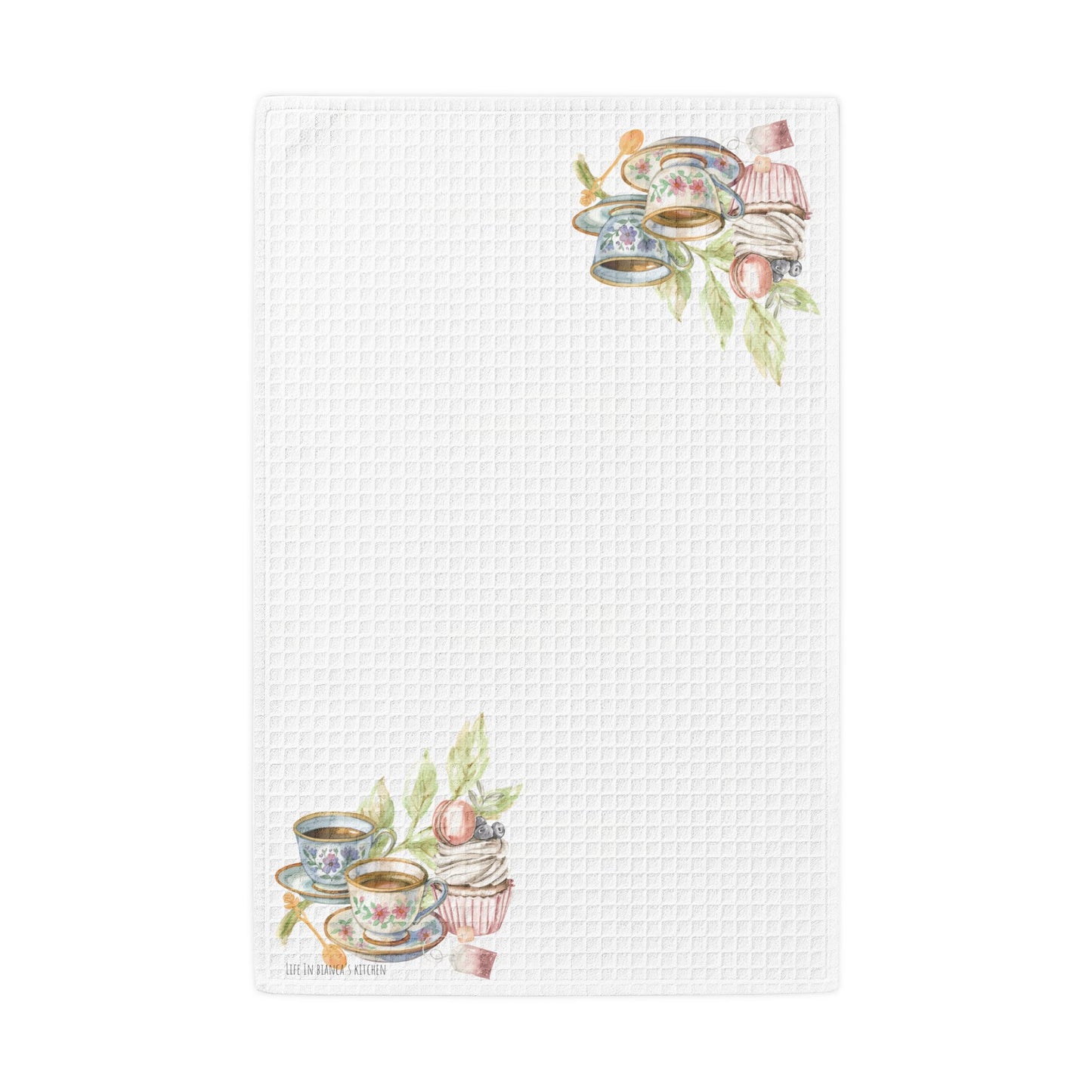 La Vie en Thé Illustrated Waffle Weave Kitchen Towel | French Tea Cup Design | White Edition