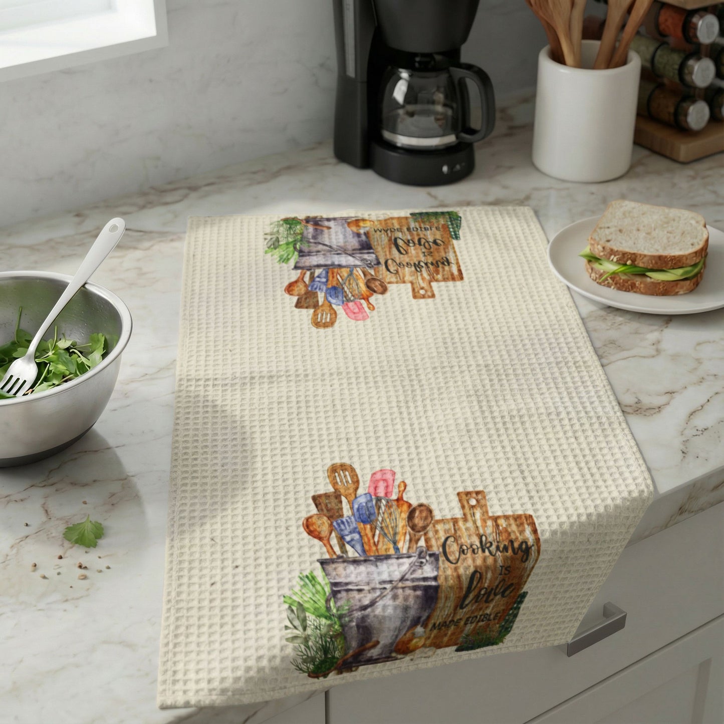 Cooking is Love Waffle Weave Kitchen Towel | Kitchen Garden Collection