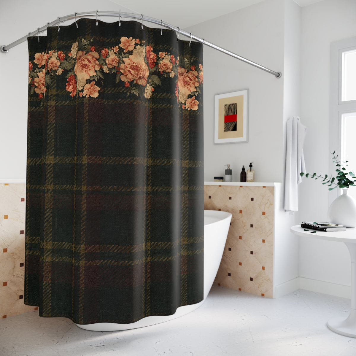 Briarwood Floral Shower Curtain — Vintage Rose & Heritage Tartan Design