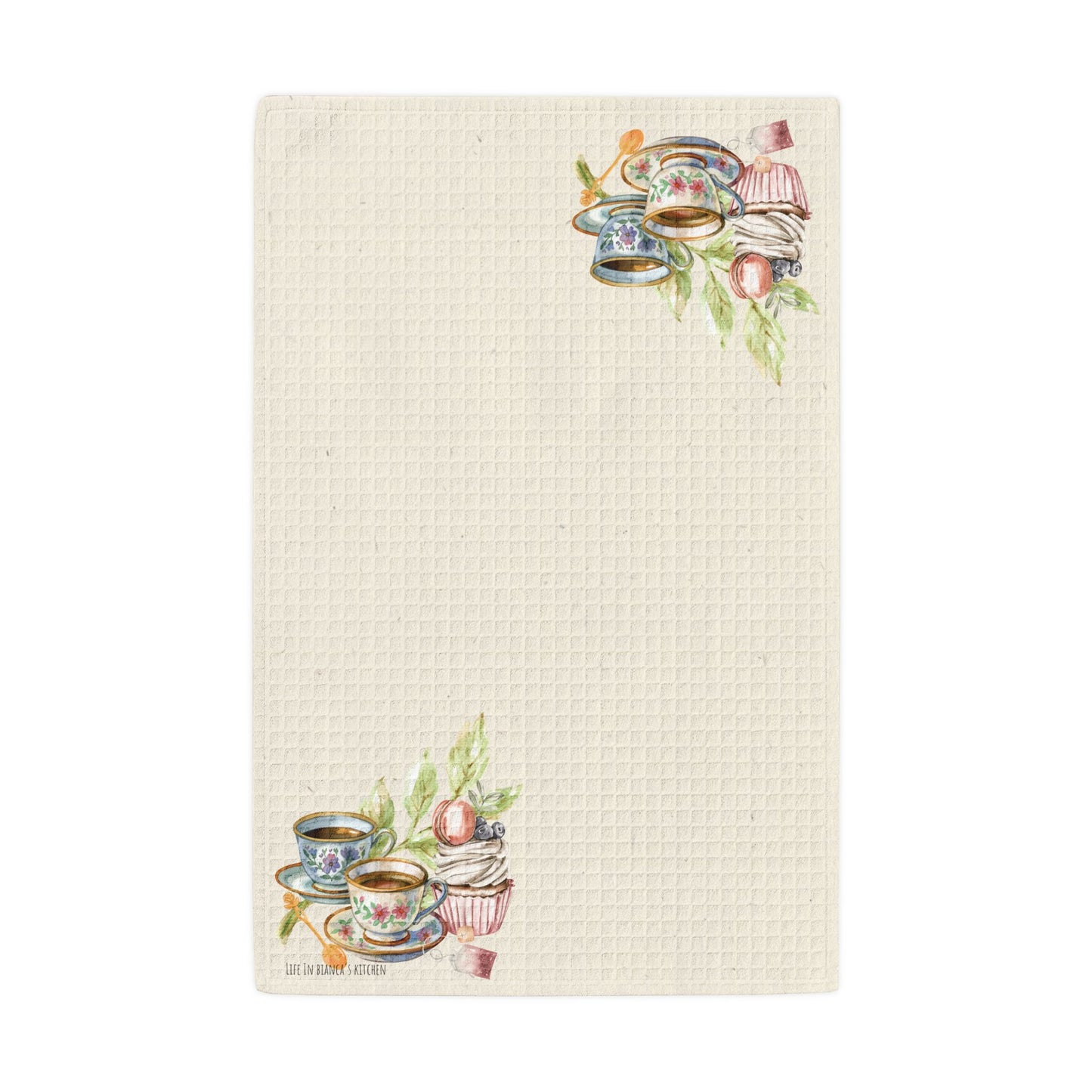 La Vie en Thé Illustrated Waffle Weave Kitchen Towel | French Tea Cup Design | Parchment Edition