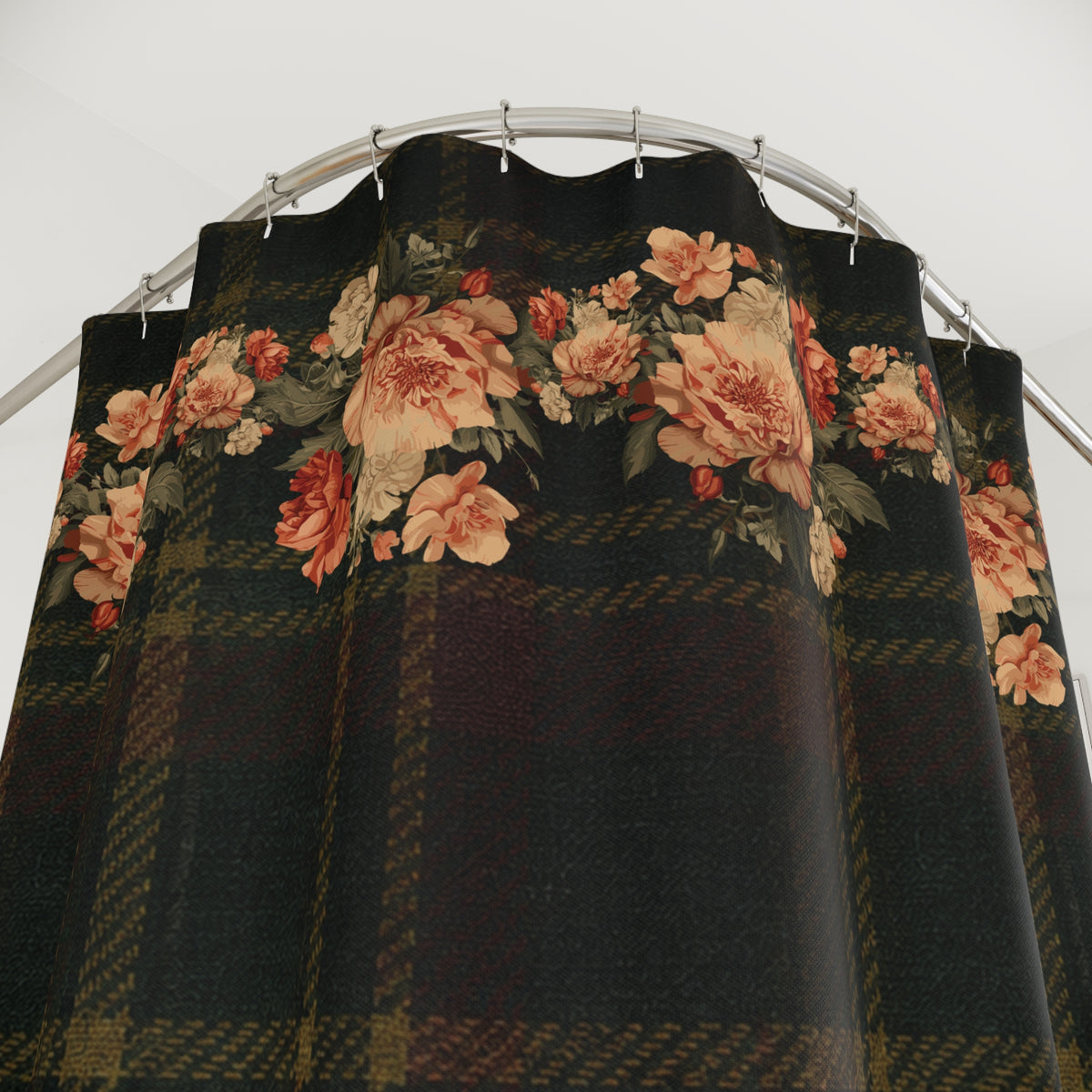 Briarwood Floral Shower Curtain — Vintage Rose & Heritage Tartan Design