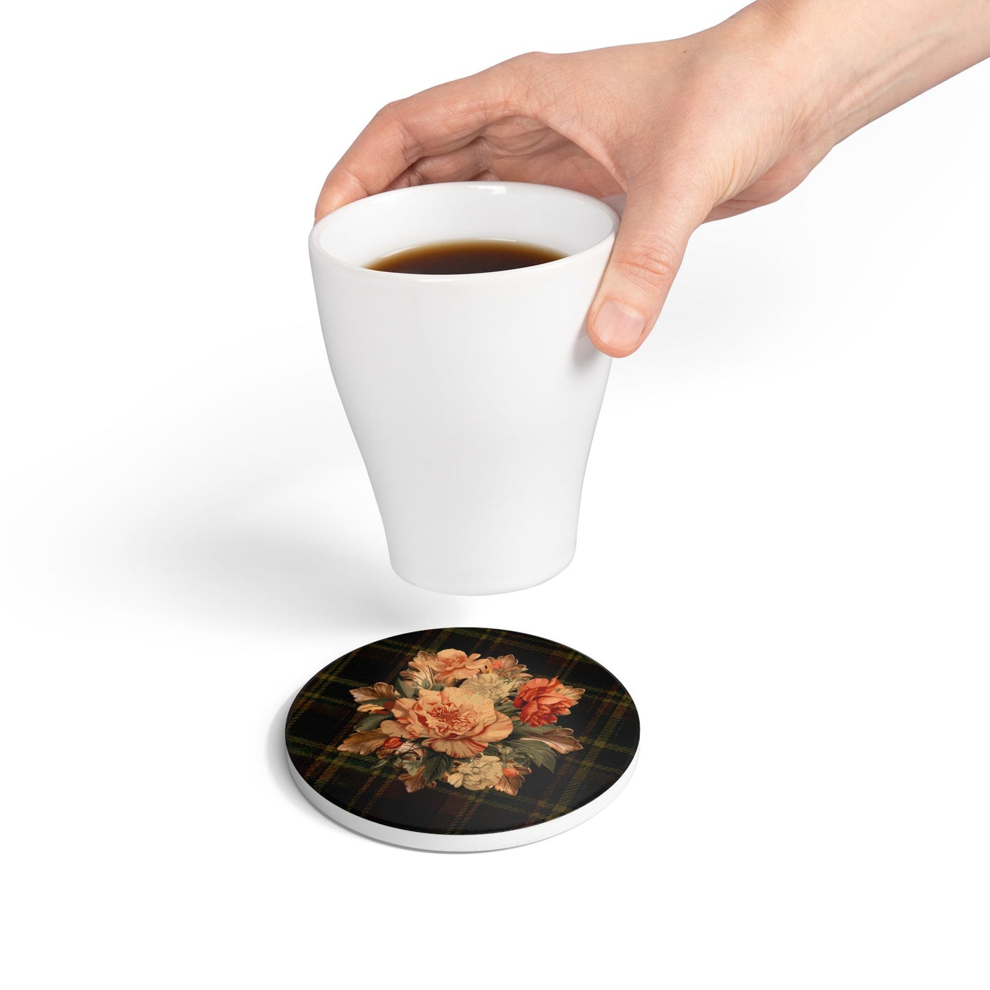 Briarwood Floral Round Ceramic Coaster — Vintage Rose & Heritage Tartan