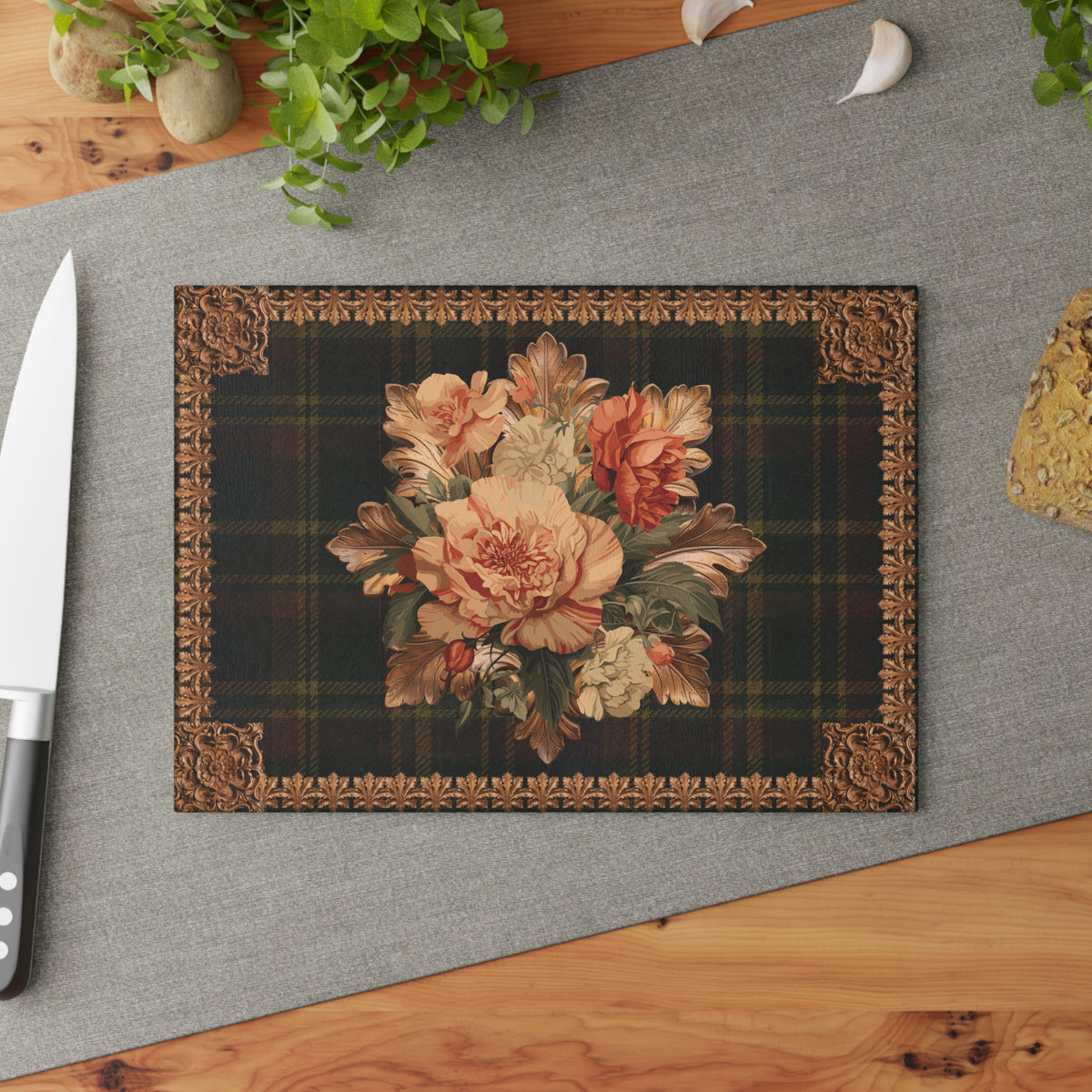 Briarwood Floral Glass Cutting Board — Vintage Plaid & Ornate Botanical Design