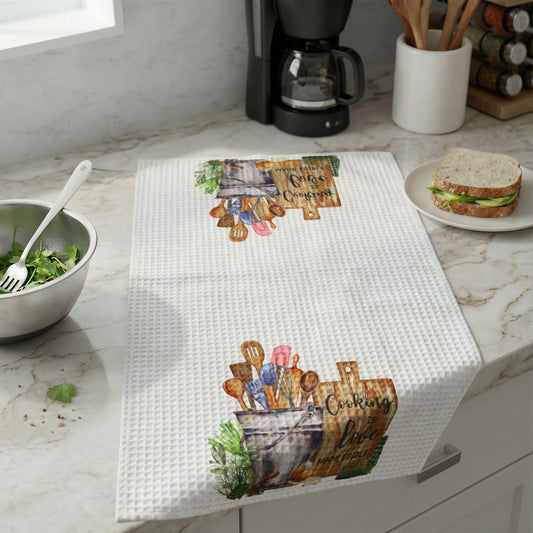Cooking Is Love Illustrated Waffle Weave Kitchen Towel | Cottage Kitchen Decor | Kitchen Garden Collection
