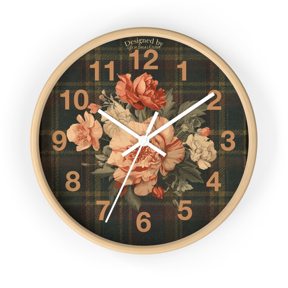 Briarwood Floral Wall Clock — Vintage Rose & Heritage Tartan Design