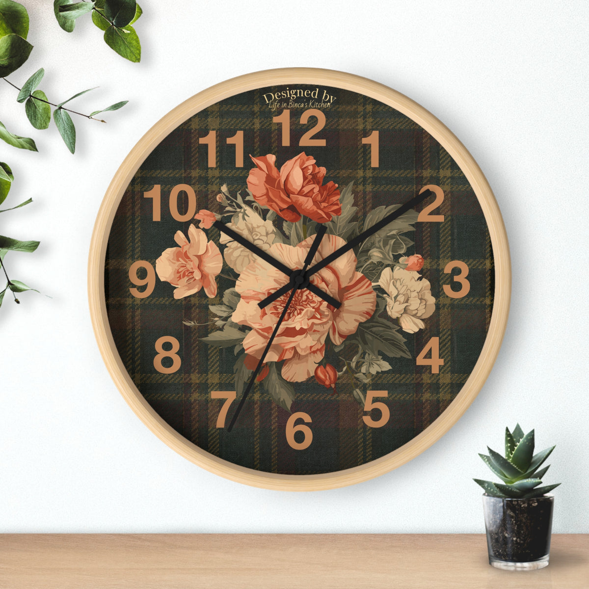 Briarwood Floral Wall Clock — Vintage Rose & Heritage Tartan Design