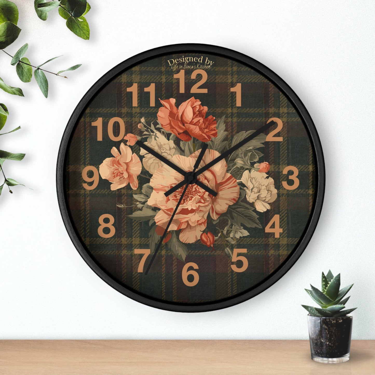 Briarwood Floral Wall Clock — Vintage Rose & Heritage Tartan Design
