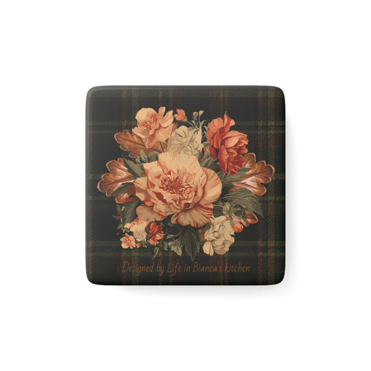 Briarwood Floral Porcelain Magnet — Vintage Rose & Heritage Tartan