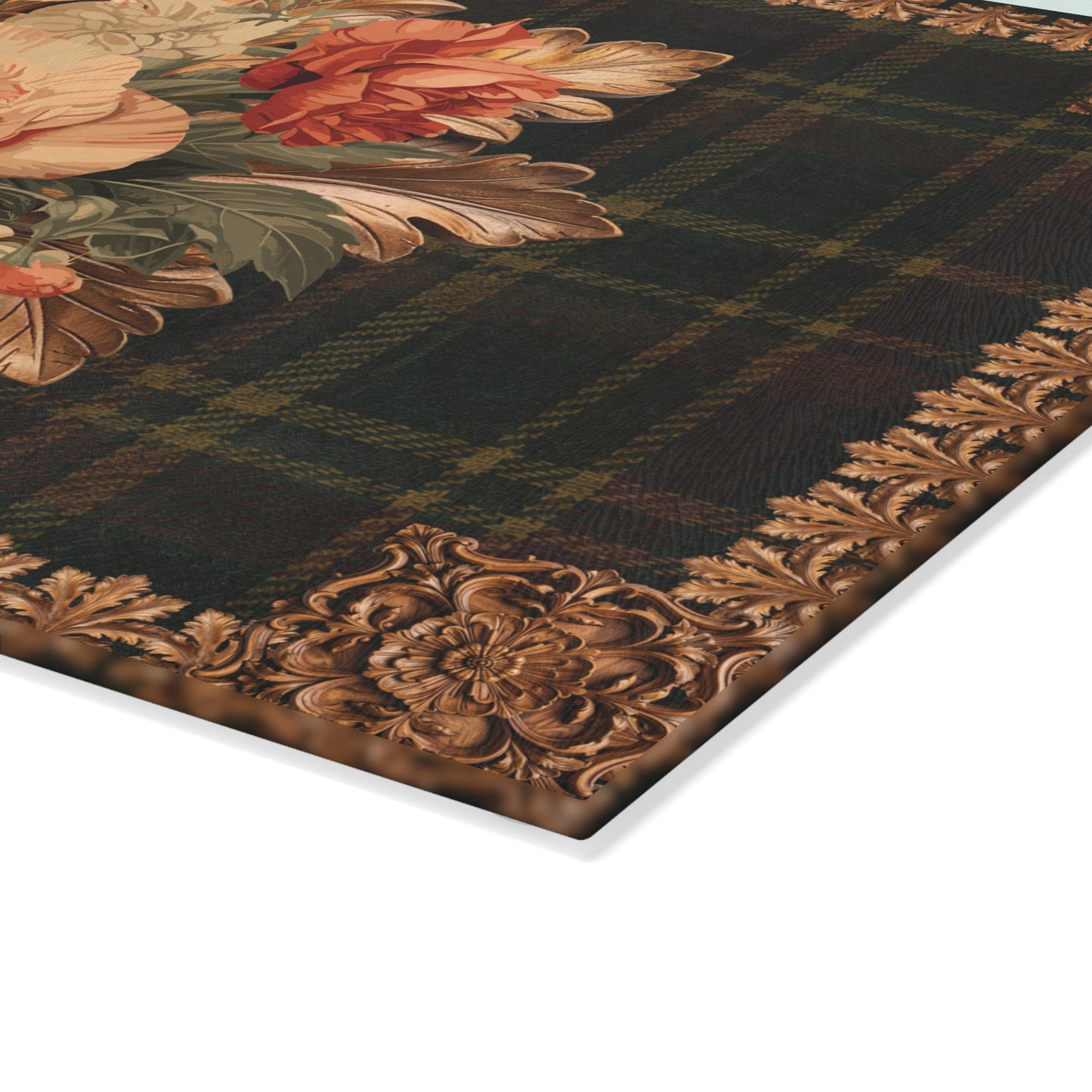 Briarwood Floral Glass Cutting Board — Vintage Plaid & Ornate Botanical Design