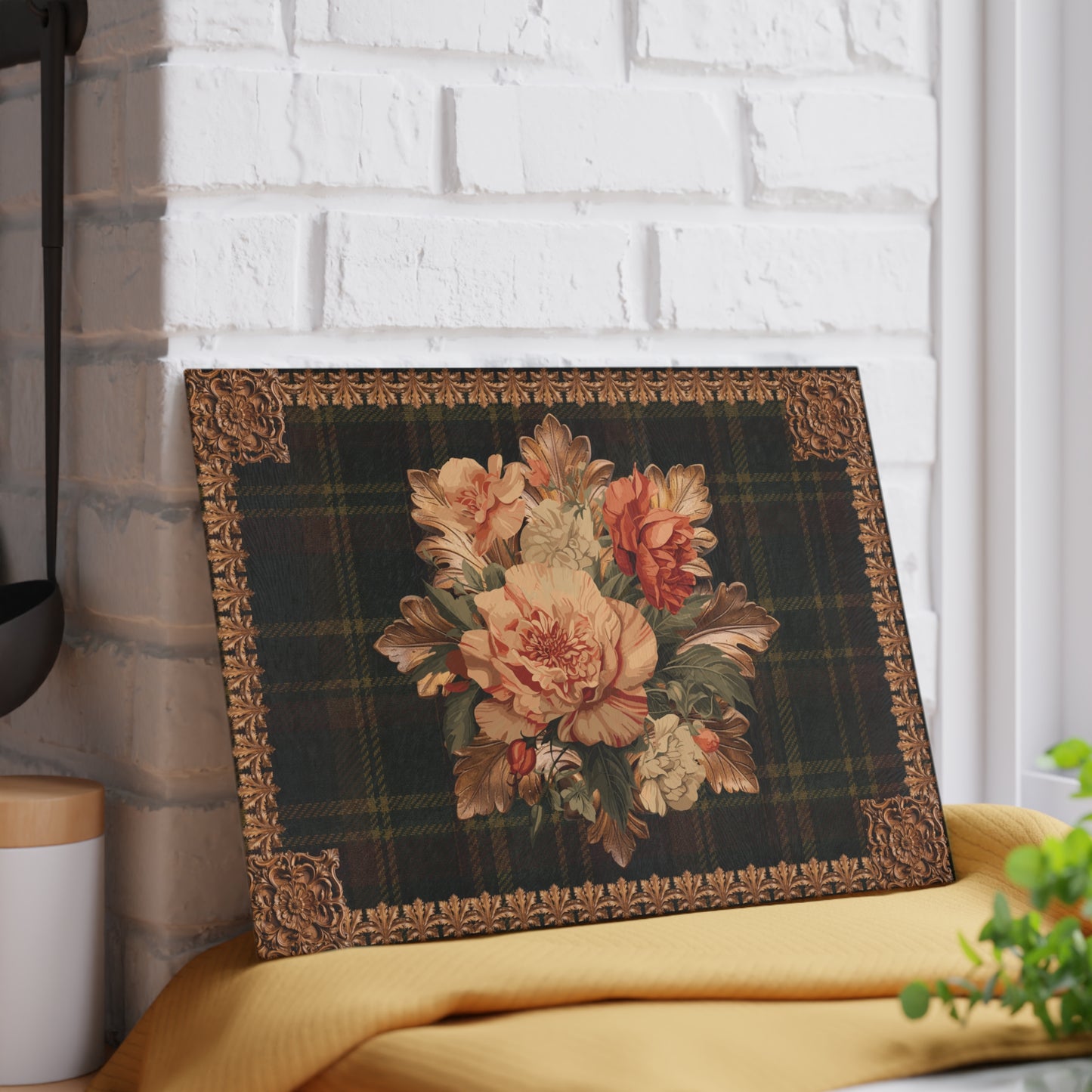 Briarwood Floral Glass Cutting Board — Vintage Plaid & Ornate Botanical Design