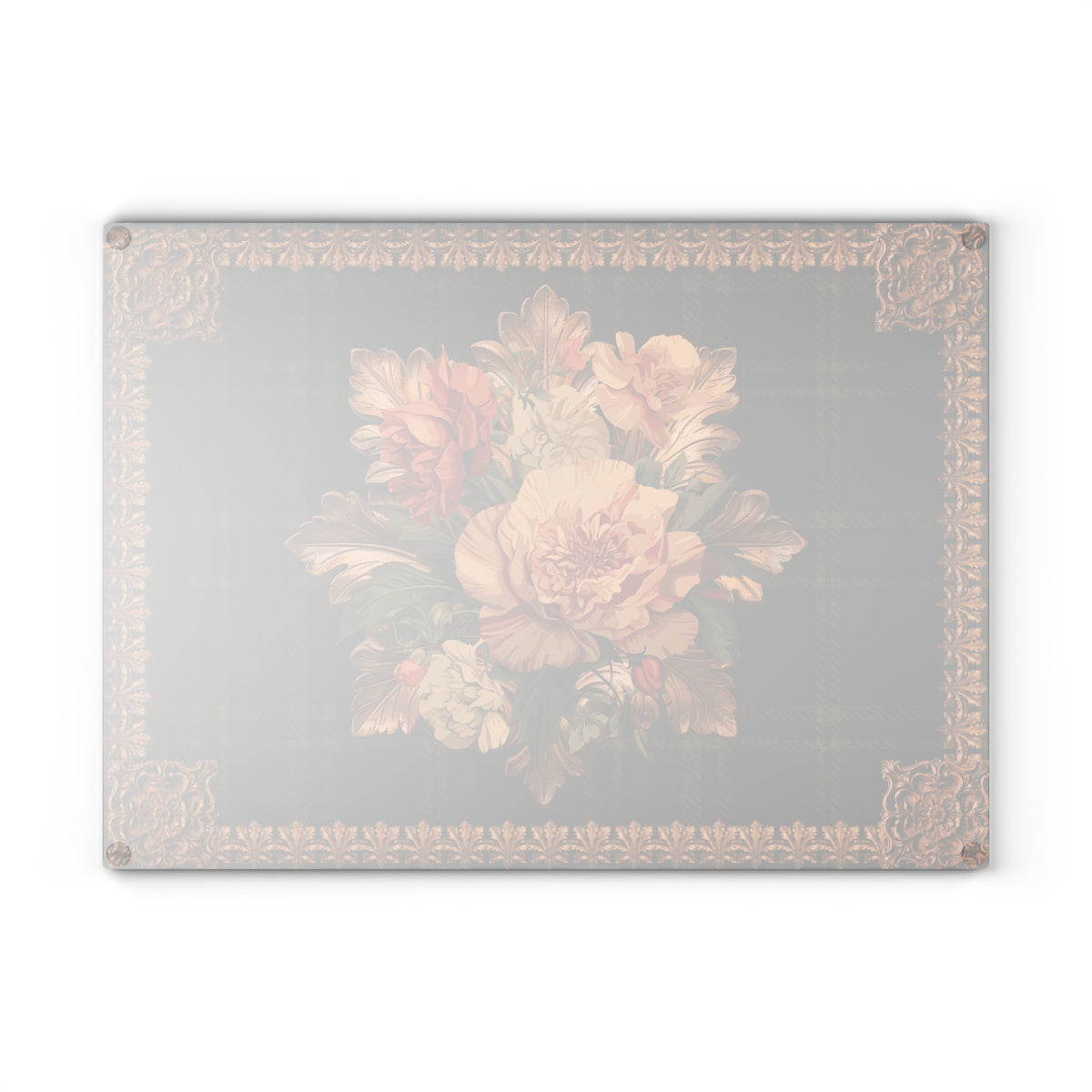 Briarwood Floral Glass Cutting Board — Vintage Plaid & Ornate Botanical Design
