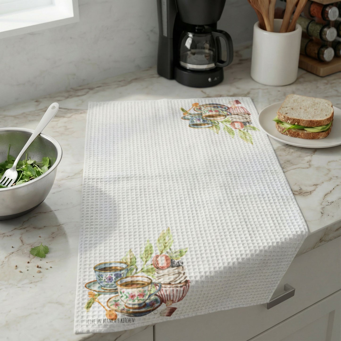 La Vie en Thé Illustrated Waffle Weave Kitchen Towel | French Tea Cup Design | White Edition