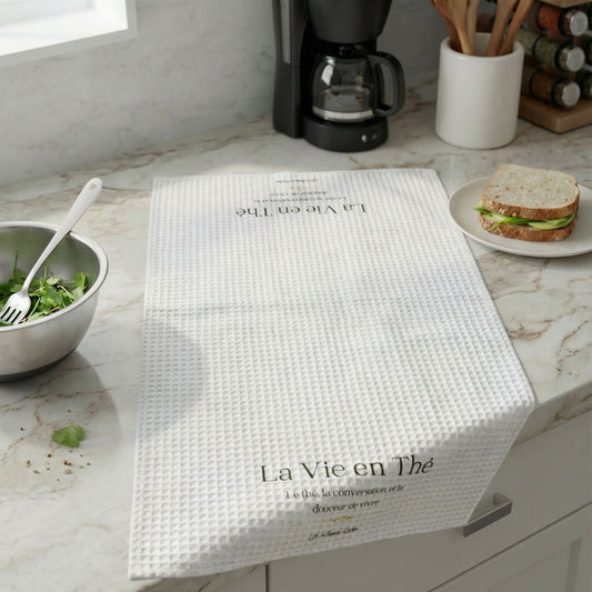 La Vie en Thé Signature Waffle Weave Kitchen Towel | French Tea Philosophy | White Edition