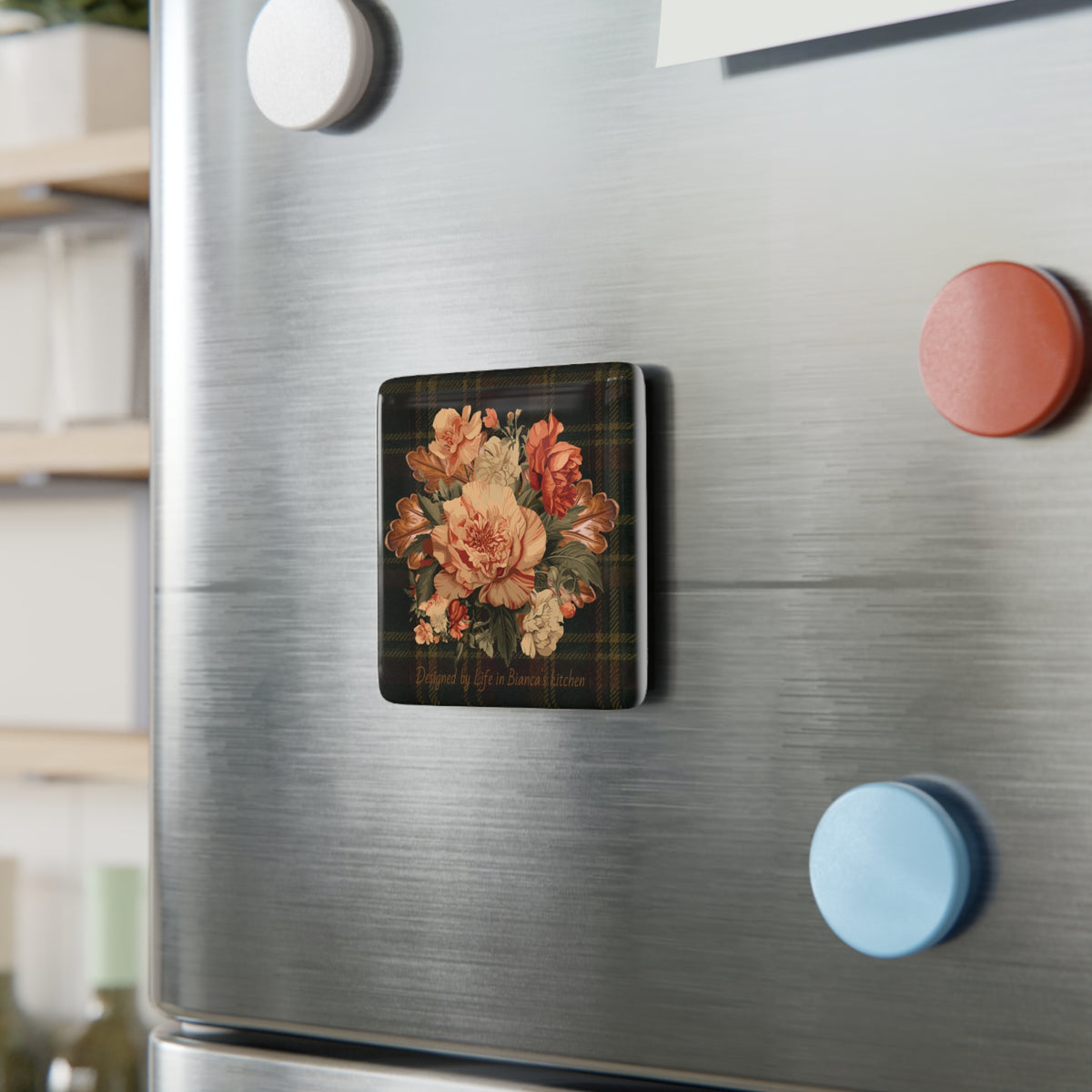 Briarwood Floral Porcelain Magnet — Vintage Rose & Heritage Tartan
