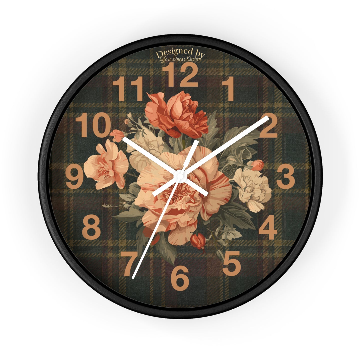 Briarwood Floral Wall Clock — Vintage Rose & Heritage Tartan Design