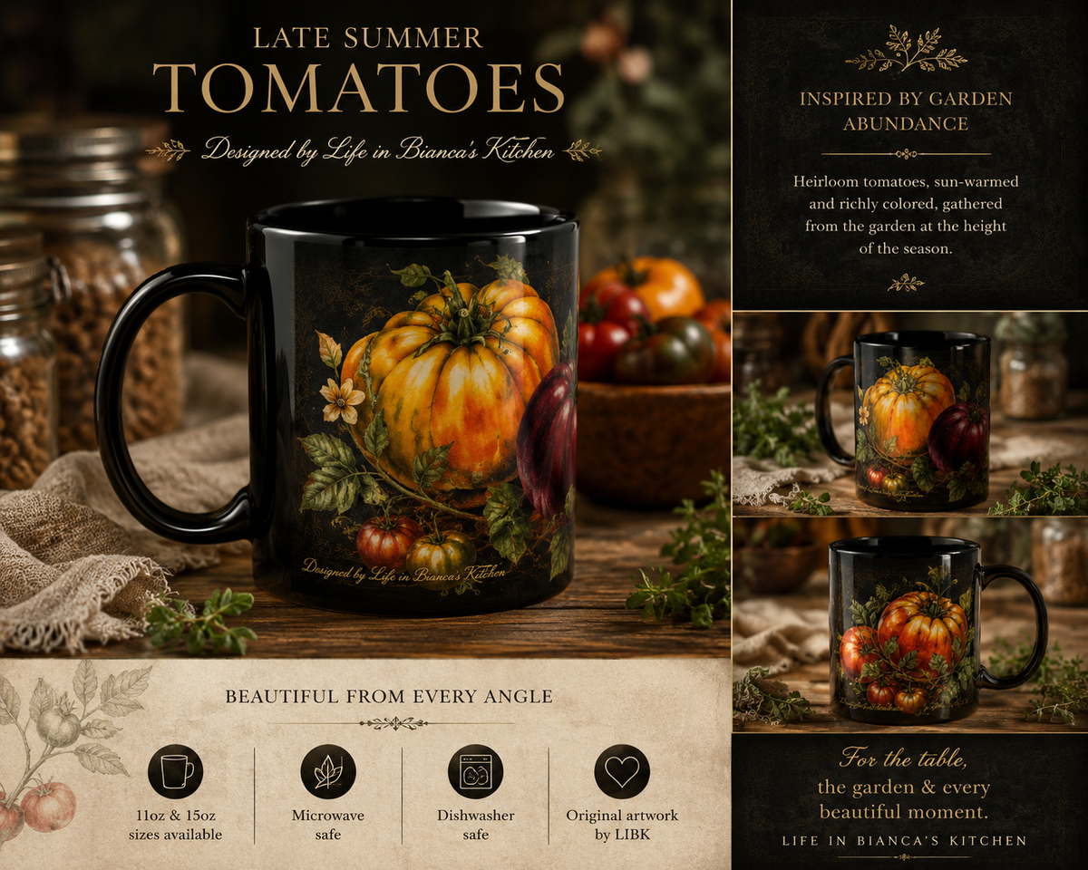 Late Summer Tomatoes Botanical Collector's Mug — Black Ceramic