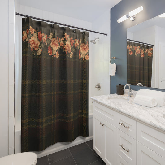 Briarwood Floral Shower Curtain — Vintage Rose & Heritage Tartan Design