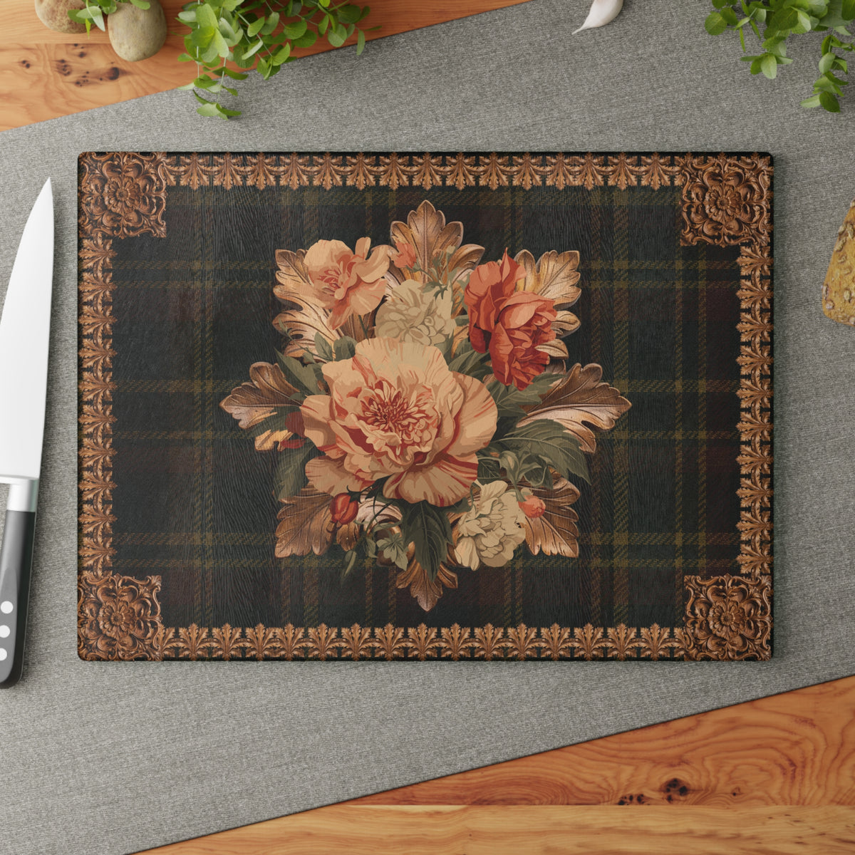Briarwood Floral Glass Cutting Board — Vintage Plaid & Ornate Botanical Design