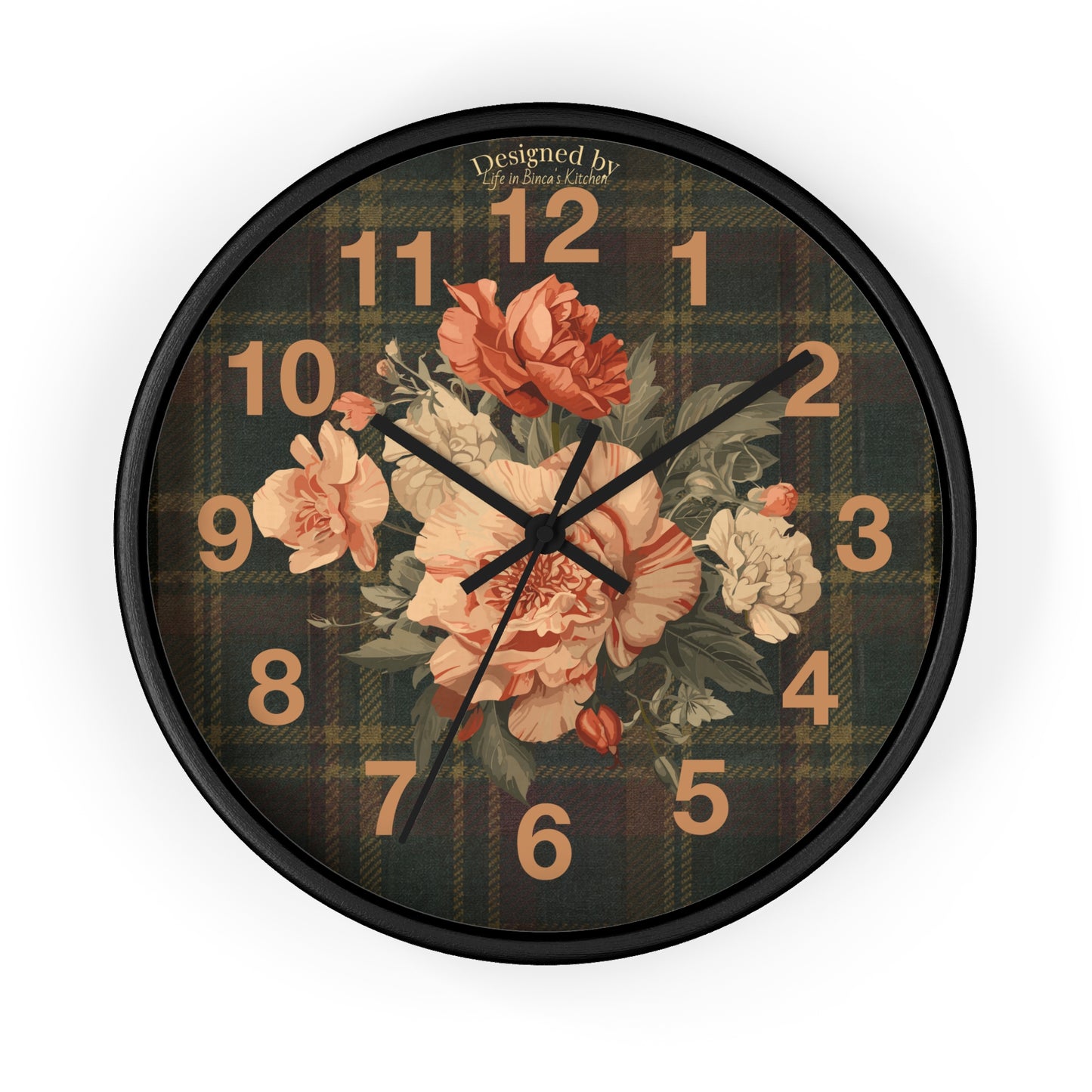 Briarwood Floral Wall Clock — Vintage Rose & Heritage Tartan Design