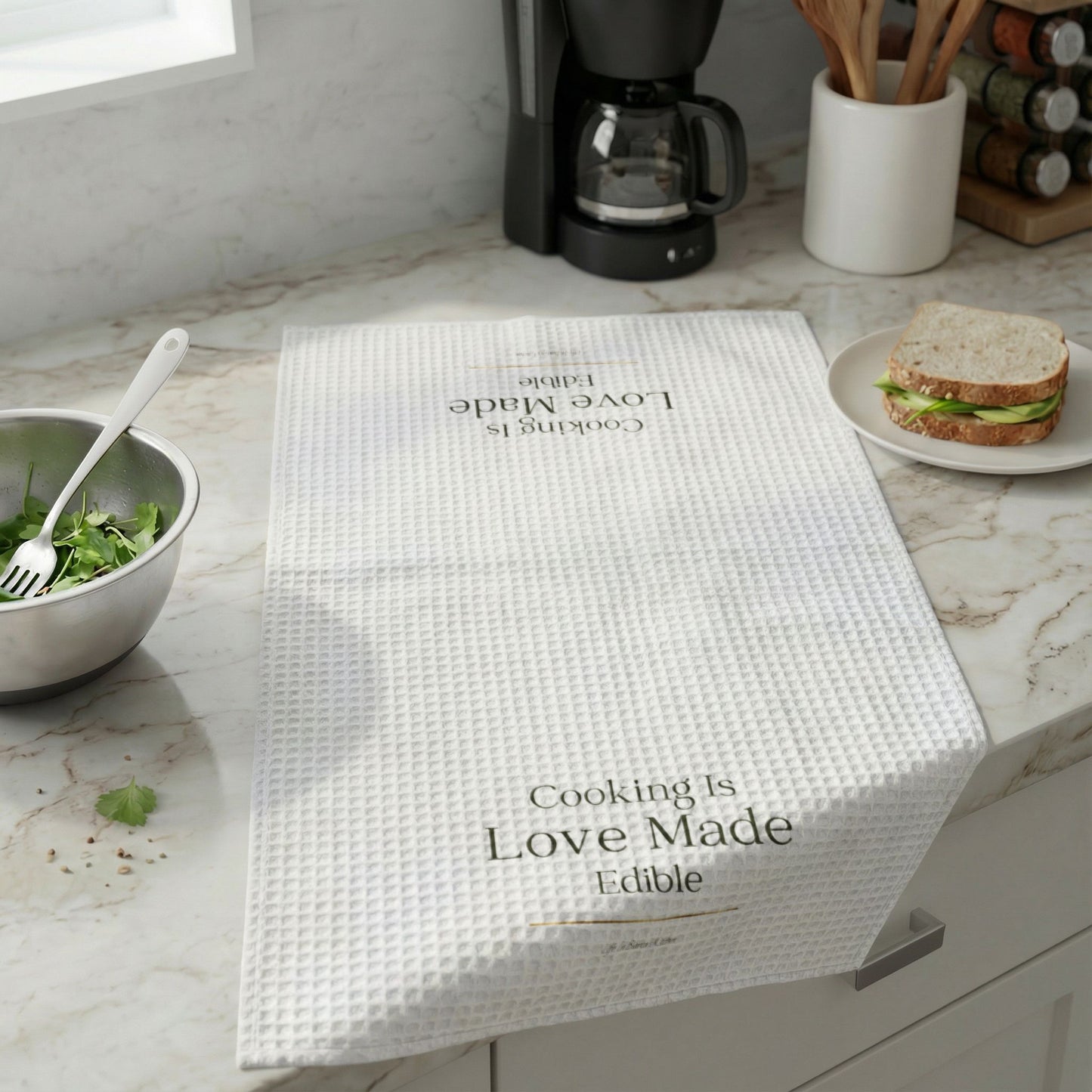 Cooking Is Love Porcelain Style Waffle Weave Kitchen Towel | Kitchen Garden Collection