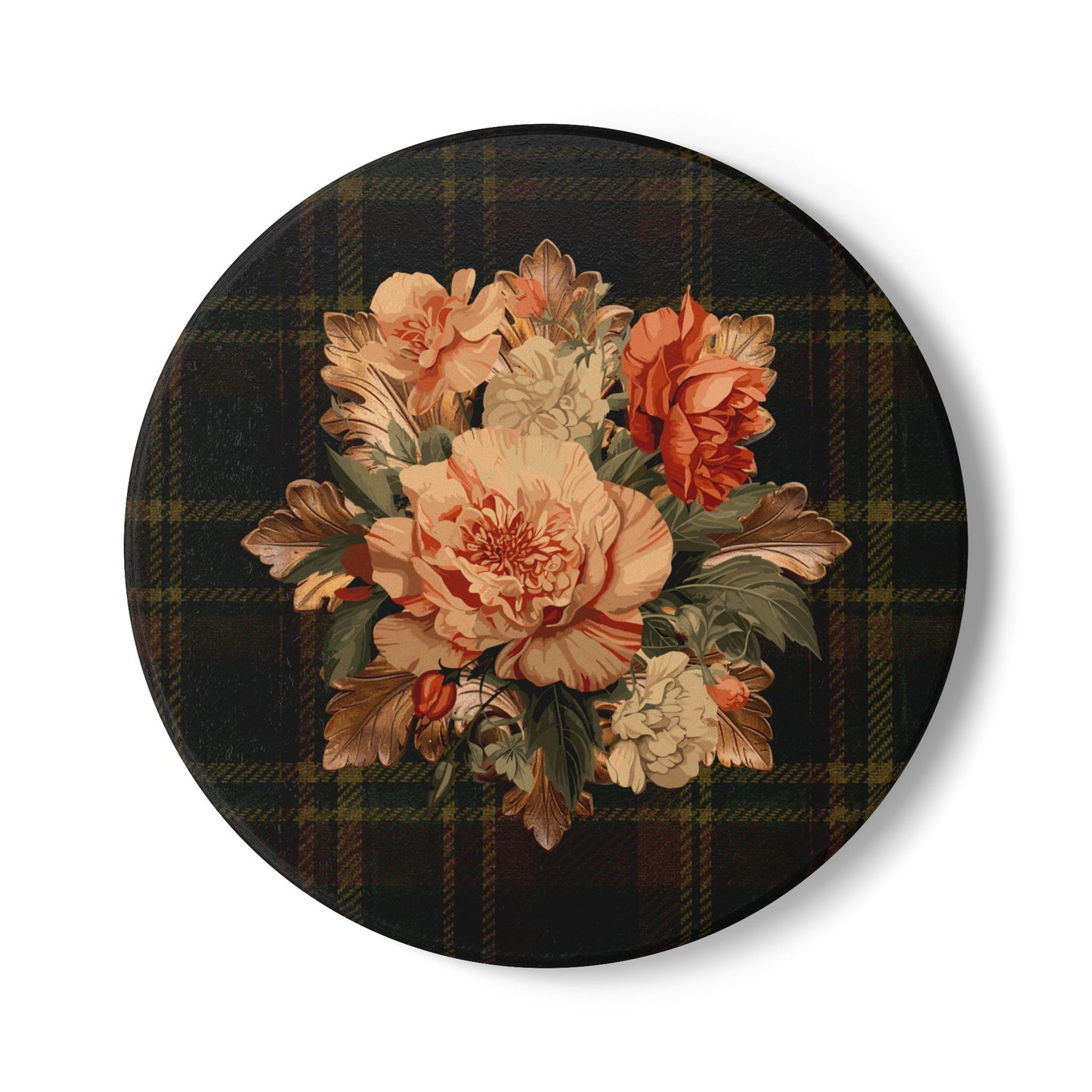 Briarwood Floral Round Ceramic Coaster — Vintage Rose & Heritage Tartan
