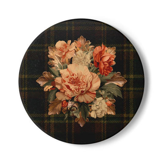 Briarwood Floral Round Ceramic Coaster — Vintage Rose & Heritage Tartan