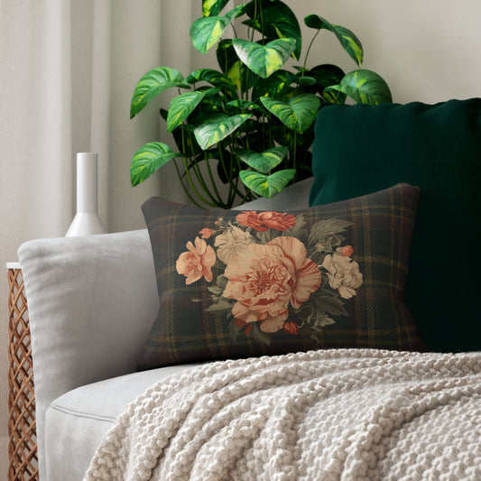 Briarwood Floral Lumbar Pillow — Vintage Rose & Tartan Decorative Pillow
