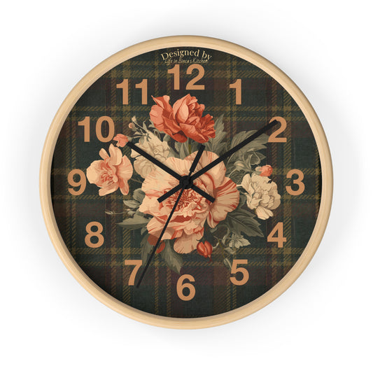Briarwood Floral Wall Clock — Vintage Rose & Heritage Tartan Design