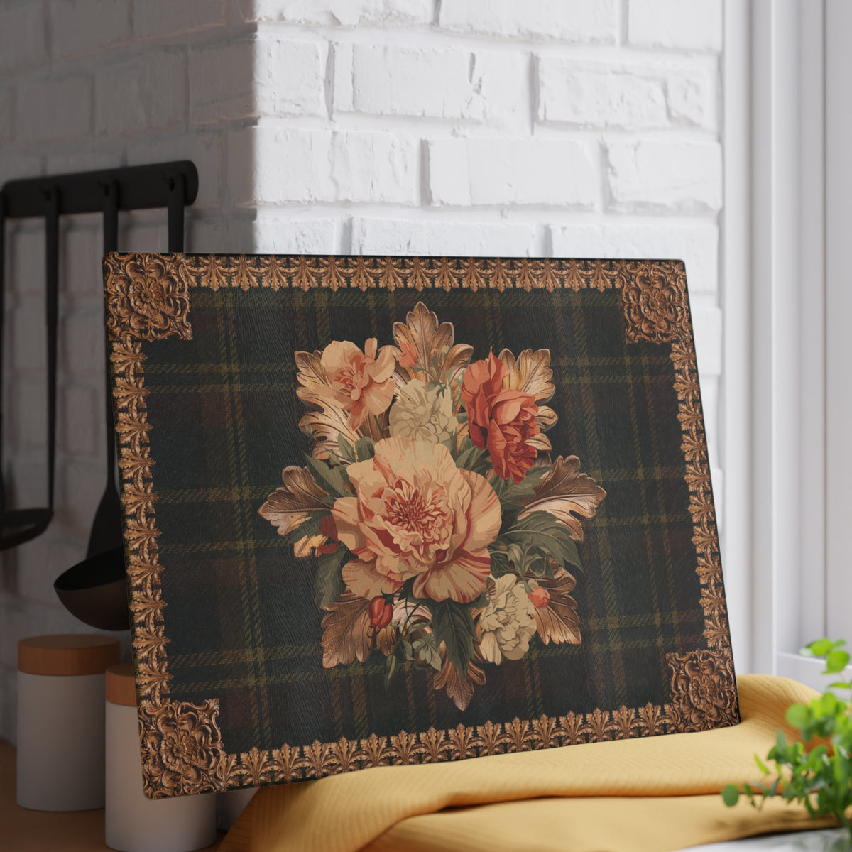 Briarwood Floral Glass Cutting Board — Vintage Plaid & Ornate Botanical Design