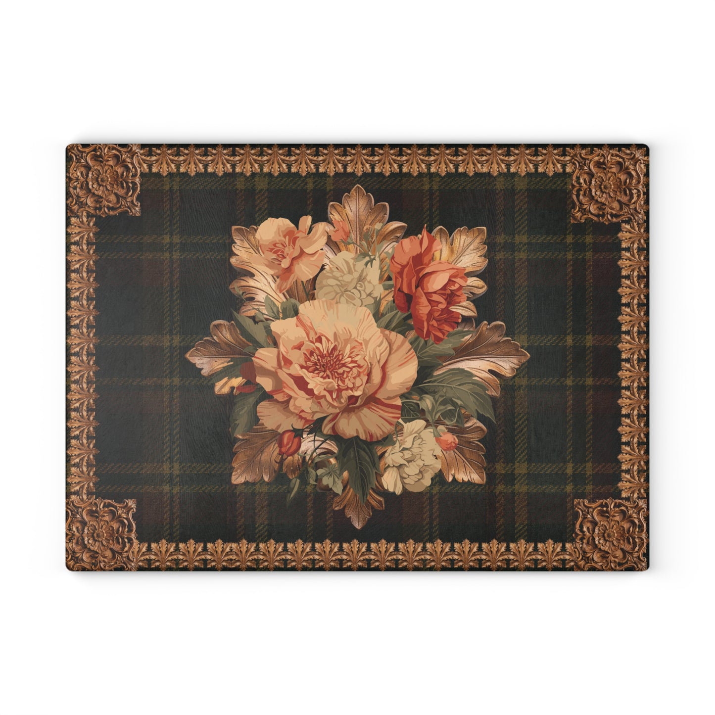 Briarwood Floral Glass Cutting Board — Vintage Plaid & Ornate Botanical Design