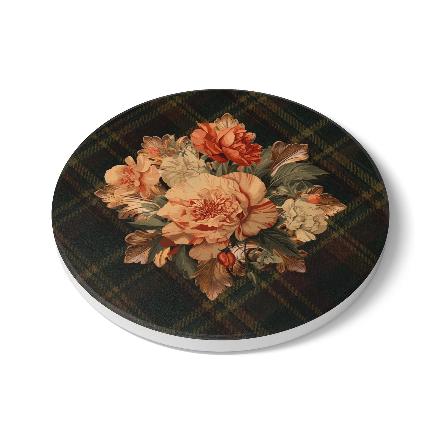 Briarwood Floral Round Ceramic Coaster — Vintage Rose & Heritage Tartan