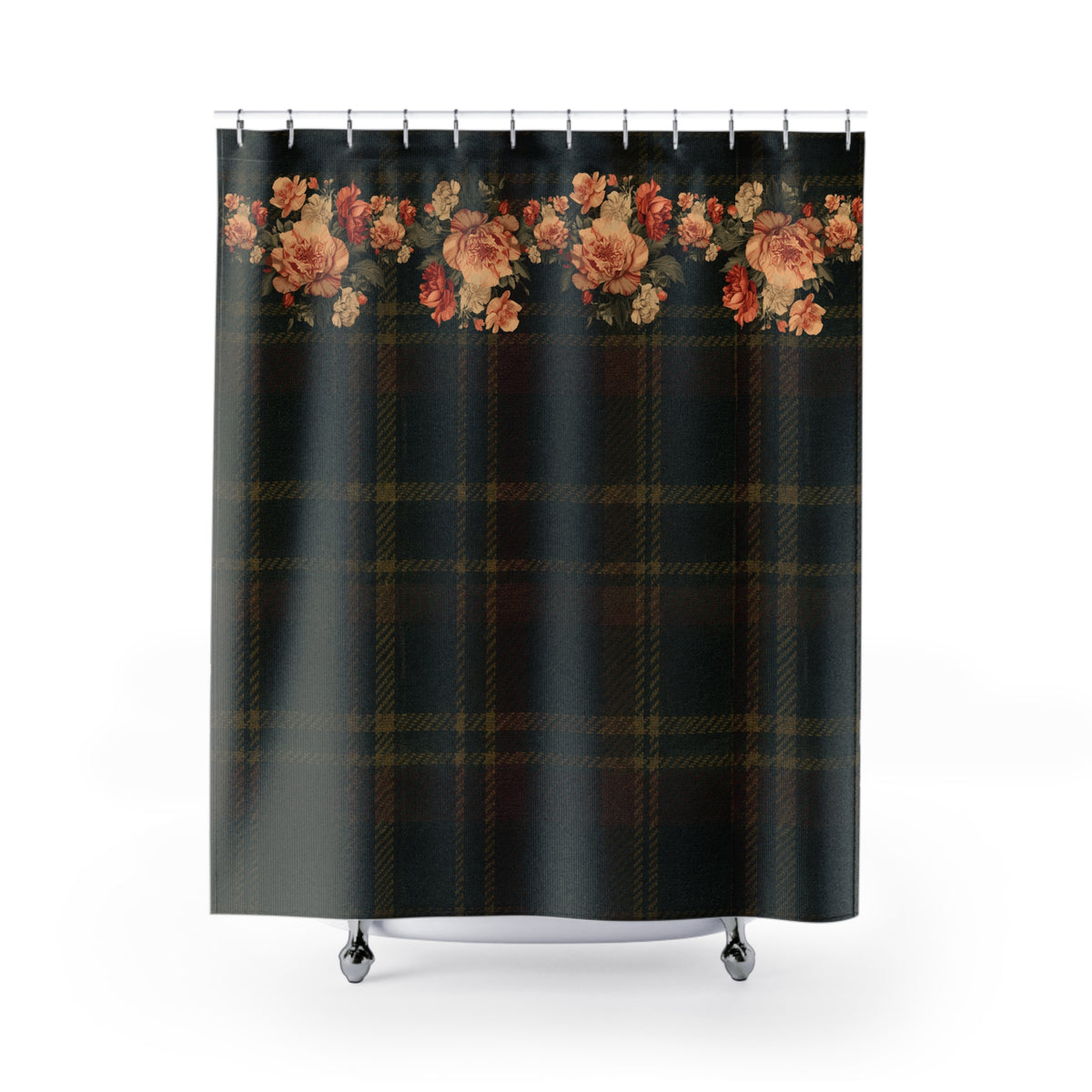 Briarwood Floral Shower Curtain — Vintage Rose & Heritage Tartan Design