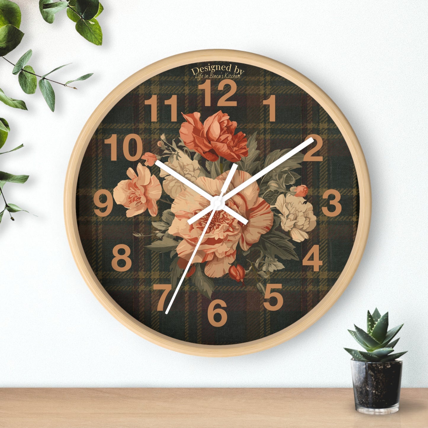 Briarwood Floral Wall Clock — Vintage Rose & Heritage Tartan Design