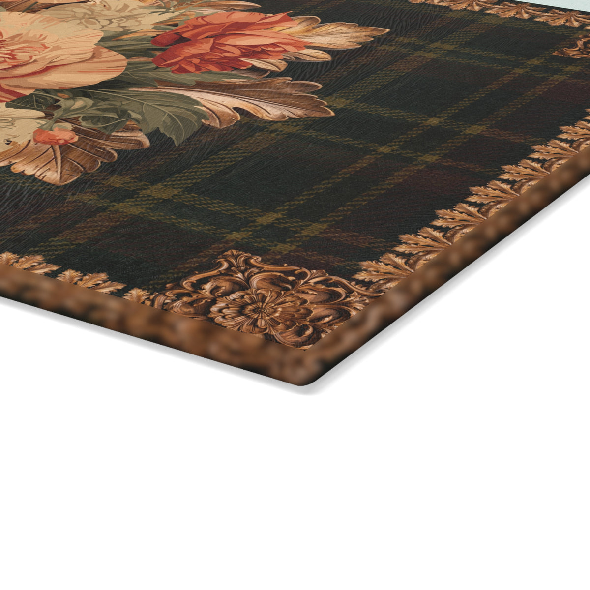 Briarwood Floral Glass Cutting Board — Vintage Plaid & Ornate Botanical Design