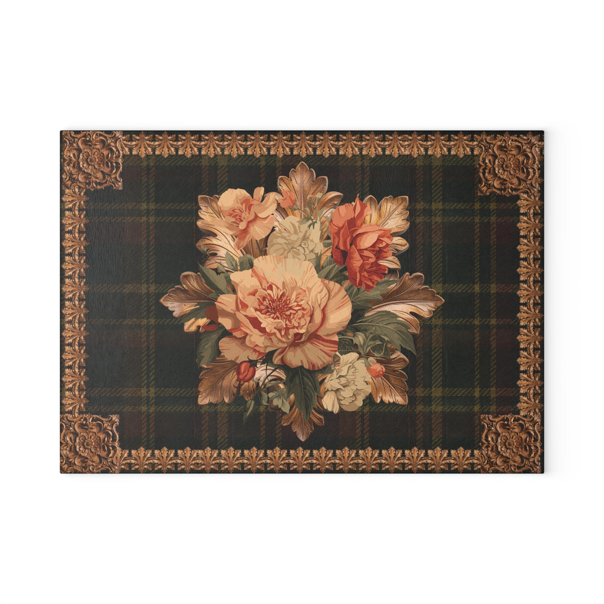 Briarwood Floral Glass Cutting Board — Vintage Plaid & Ornate Botanical Design