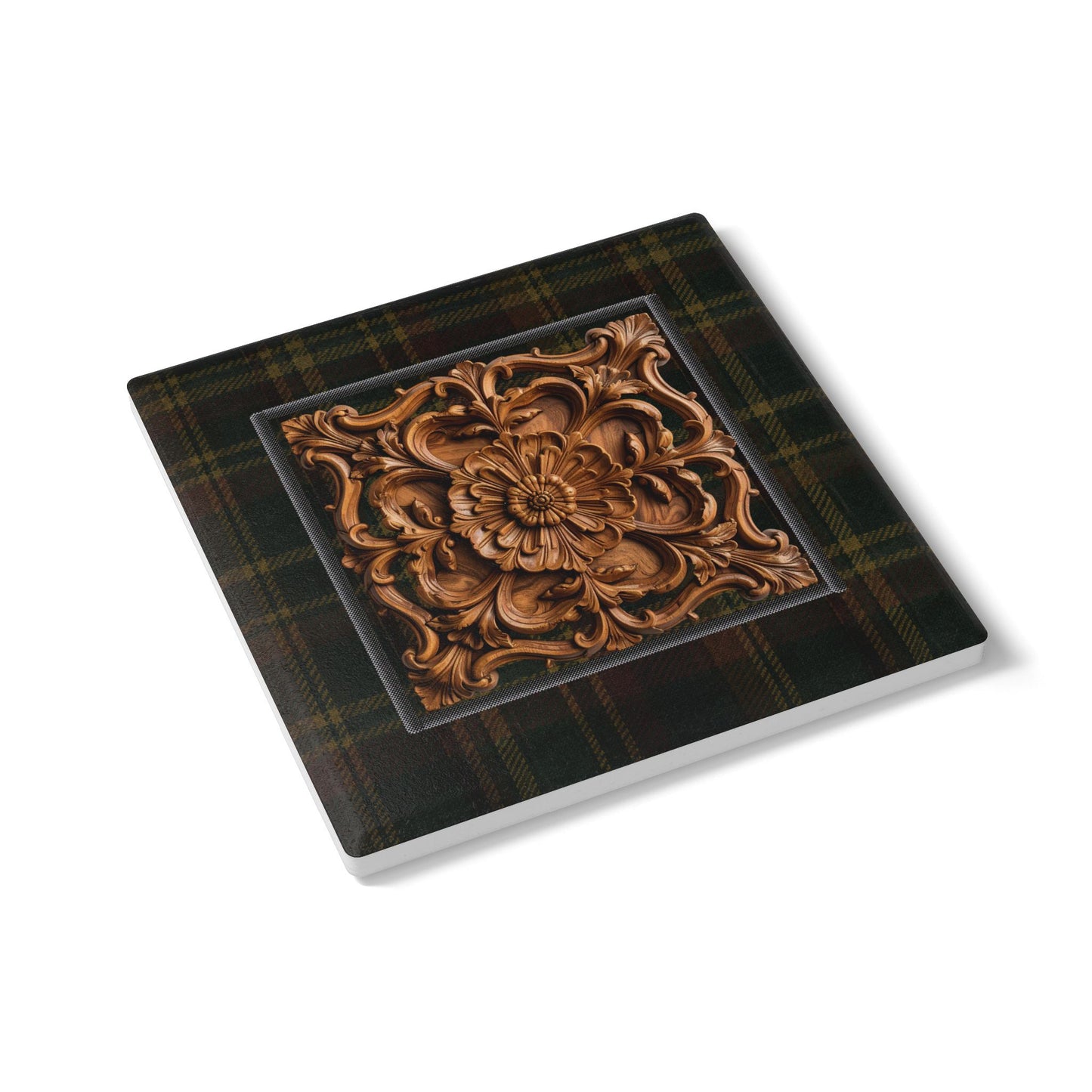 Briarwood Tartan Square Ceramic Coaster — Heritage Plaid & Botanical Ornament