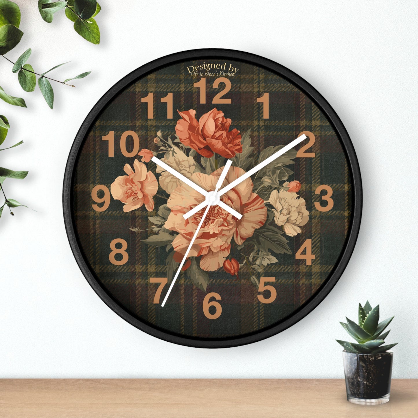 Briarwood Floral Wall Clock — Vintage Rose & Heritage Tartan Design