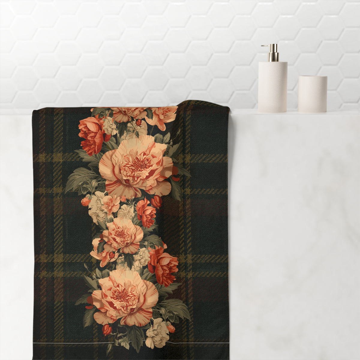 Briarwood Floral Bath Towel — Vintage Rose & Heritage Tartan Design