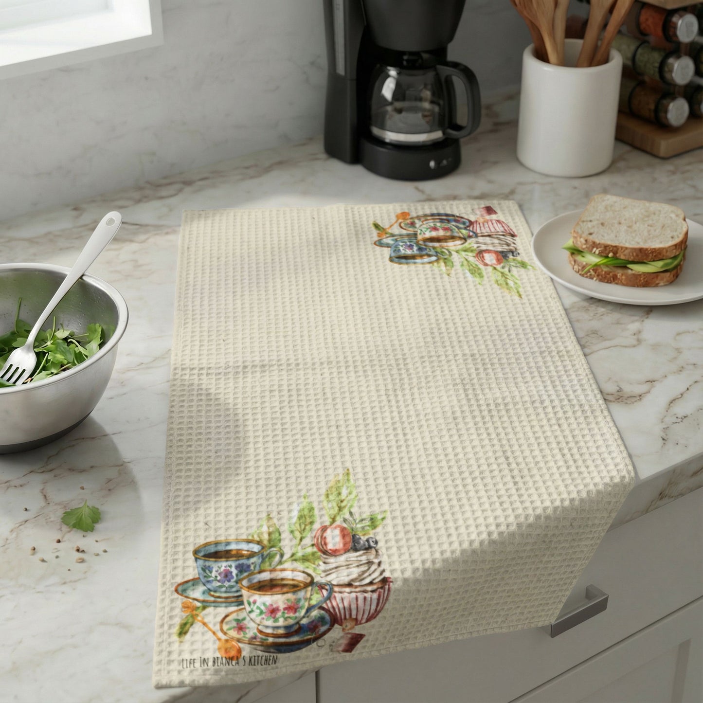 La Vie en Thé Illustrated Waffle Weave Kitchen Towel | French Tea Cup Design | Parchment Edition