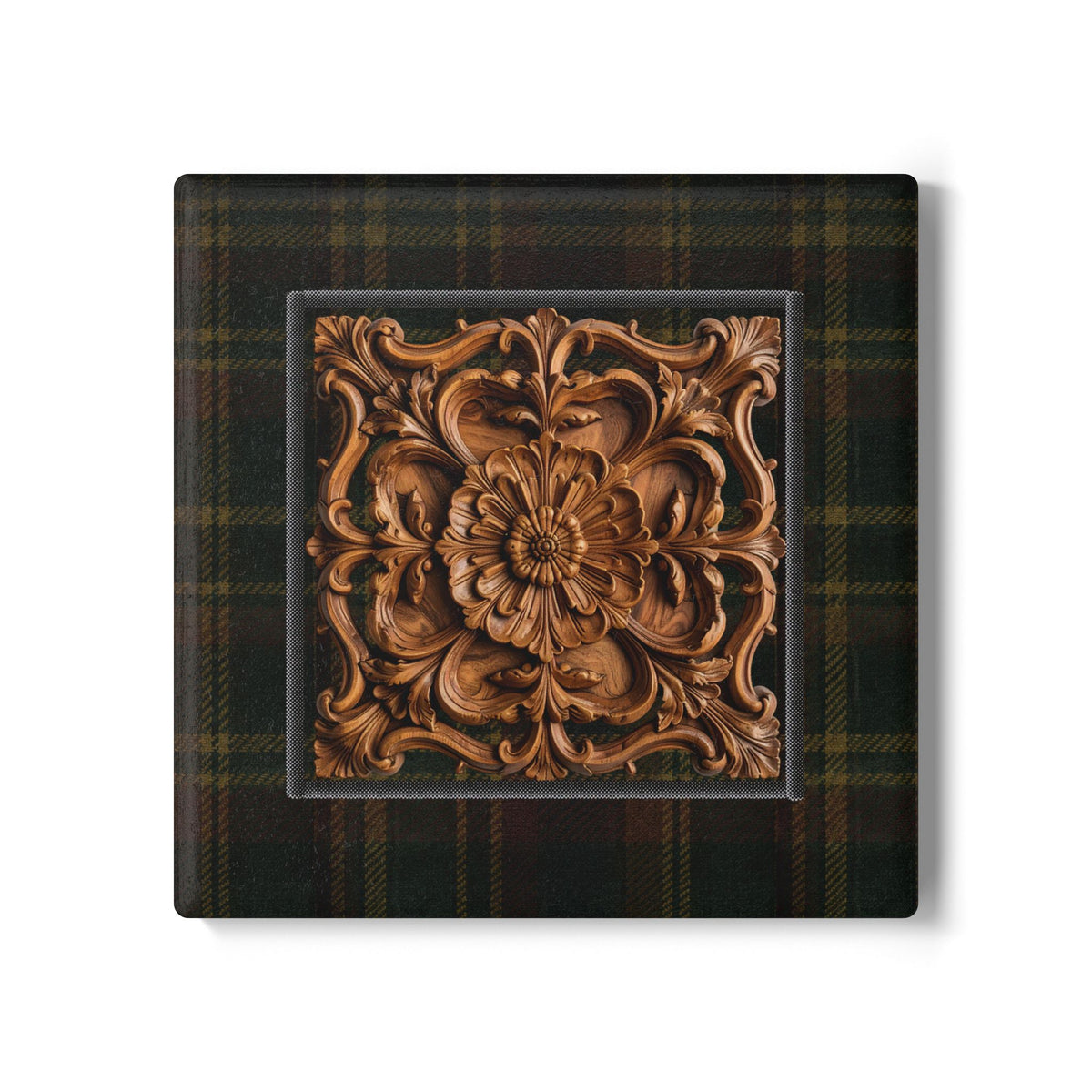 Briarwood Tartan Square Ceramic Coaster — Heritage Plaid & Botanical Ornament
