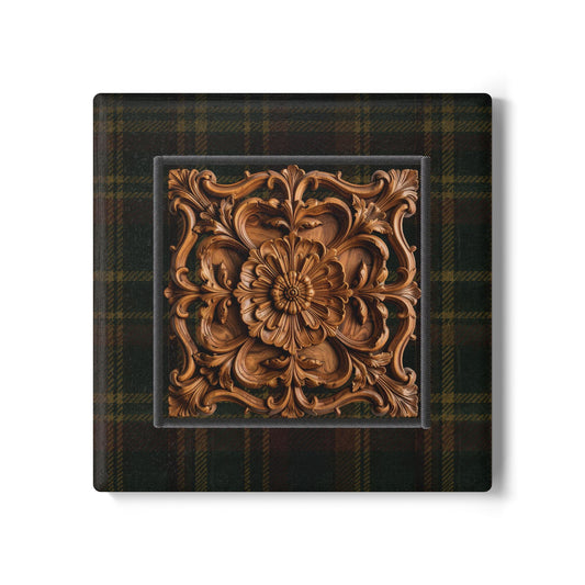 Briarwood Tartan Square Ceramic Coaster — Heritage Plaid & Botanical Ornament